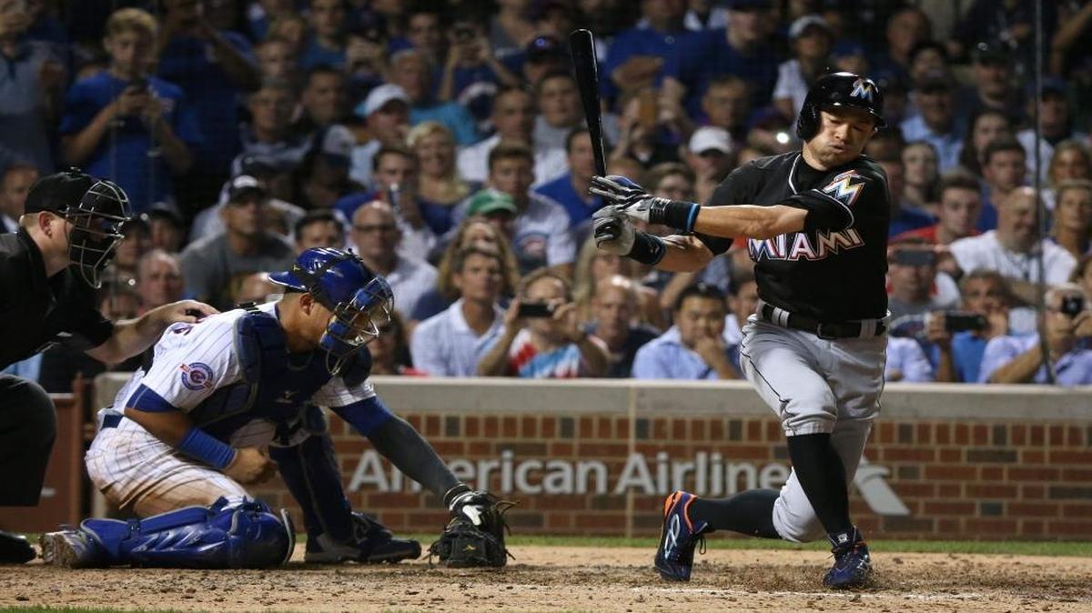 The Miami Marlins' Ichiro Suzuki strikes out in the seventh inning against the Chicago Cubs at Wrigley Field in Chicago on Tues., Aug. 2, 2016. The Cubs won, 3-2.