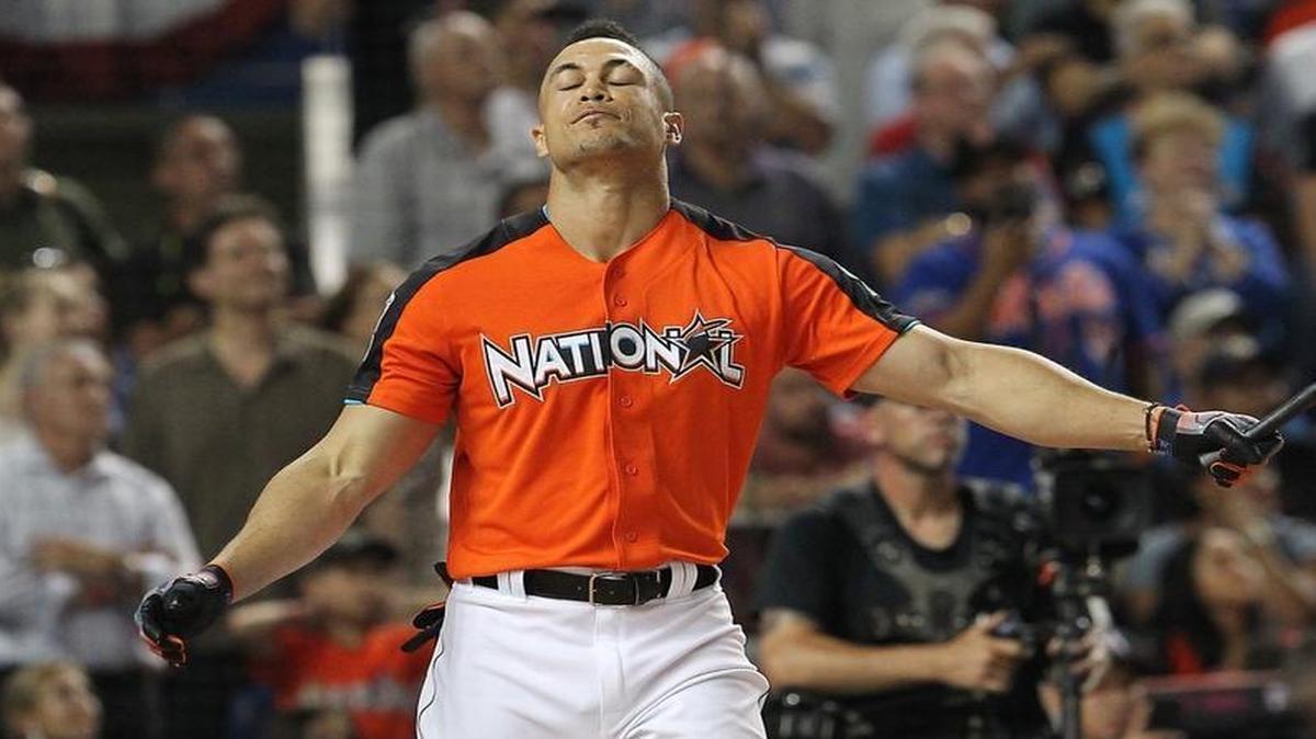 National League's Giancarlo Stanton, of the Miami Marlins reacts during the MLB baseball All-Star Home Run Derby, Mon., July 10, 2017, at Marlins Park in Miami.