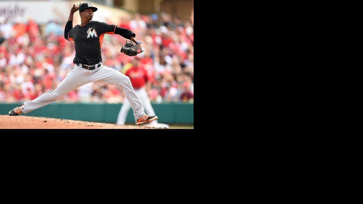
Jose Urena of the Miami Marlins throws a pitch during a spring training game against the St. Louis Cardinals at Roger Dean Stadium on March 8, 2015 in Jupiter, Florida. 
