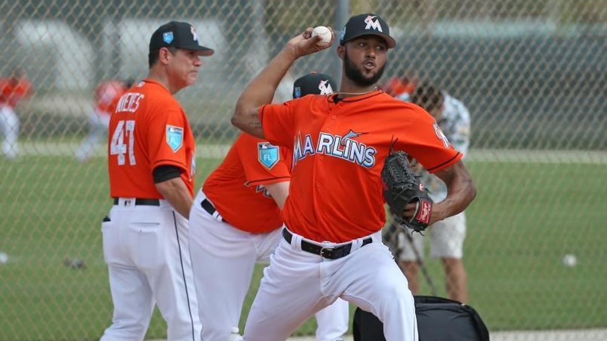Miami Marlins pitcher Sandy Alcantara pitches during the spring training baseball workouts for pitchers and catchers at Roger Dean Stadium on Wed., Feb. 14, 2018 in Jupiter, FL.