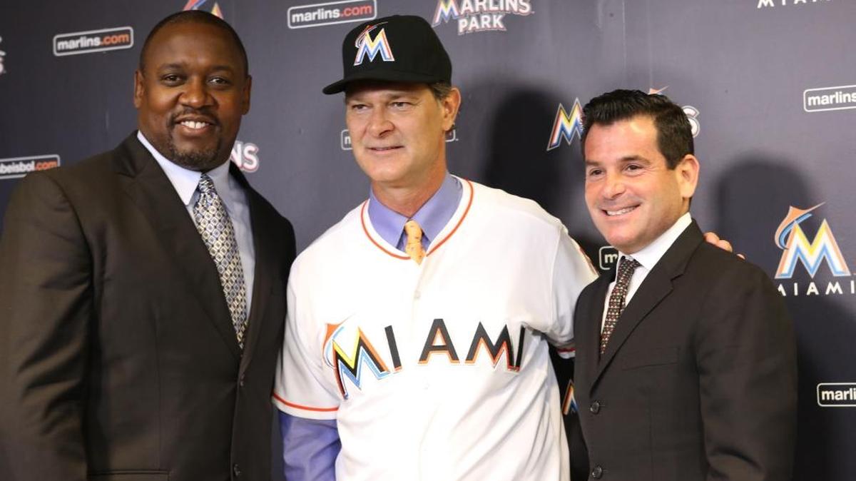 From left, Marlins president of baseball operations Michael Hill, new manager Don Marttingly, and team president David Samson.