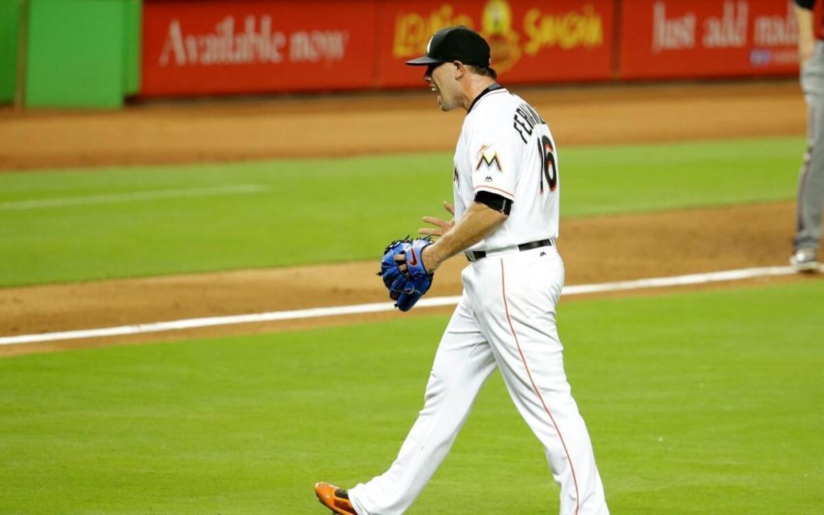 Miami Marlins starting pitcher Jose Fernandez reacts as he walks off the mound after pitching during a baseball game against the Arizona Diamondbacks, Wednesday, May 4, 2016, in Miami.