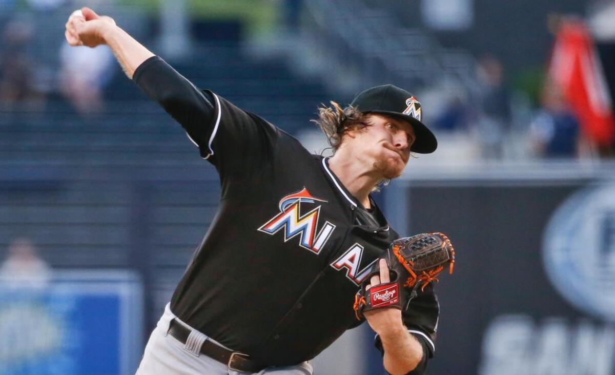 
Miami Marlins starting pitcher Tom Koehler throws to a San Diego Padres batter during the first inning of a baseball game Thursday, July 23, 2015, in San Diego. 

