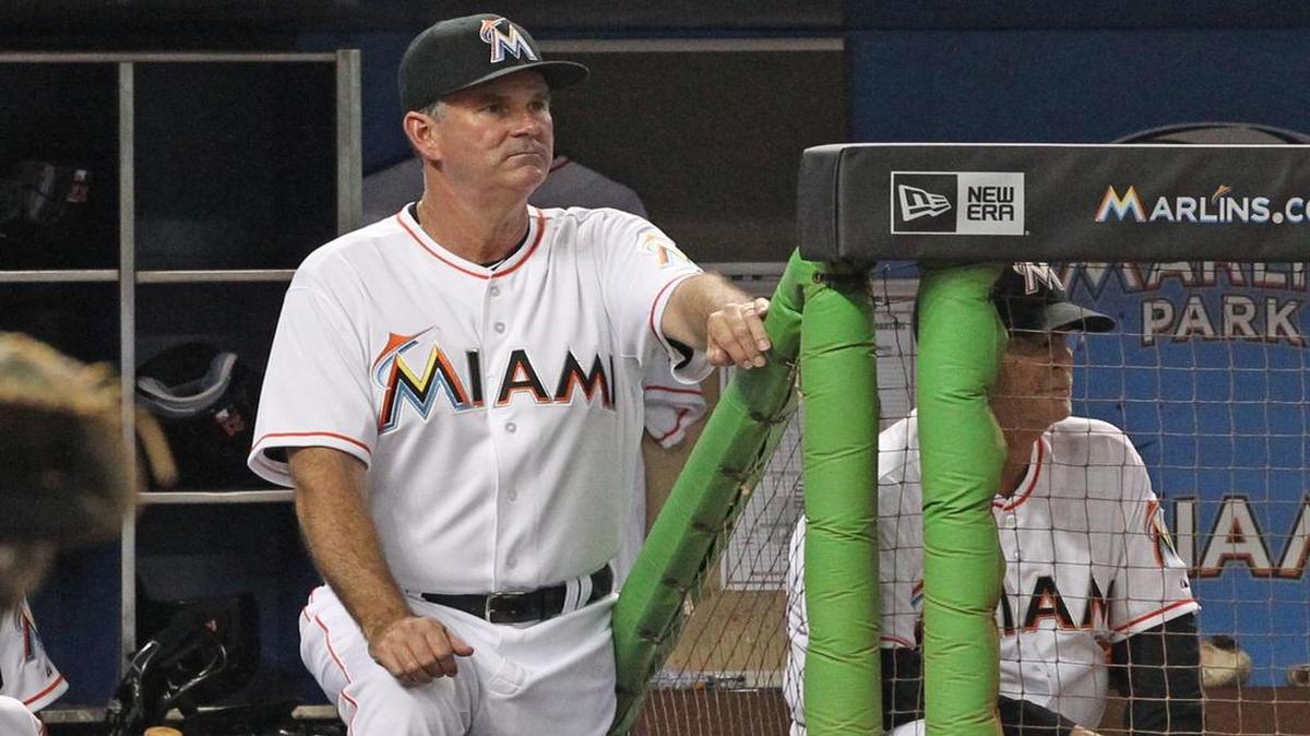 
New manager Dan Jennings watches from the dugout during the Miami Marlins' game against the Arizona Diamondbacks at Marlins Park on Monday, May 18, 2015.

