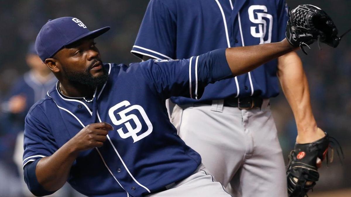 San Diego Padres closer Fernando Rodney celebrates after the San Diego Padres defeated the Chicago Cubs 1-0 in a baseball game Wednesday, May 11, 2016, in Chicago.