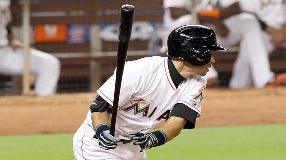 Leftfielder Ichiro Suzuki, of the Miami Marlins, hits a two-run single in the sixth inning of the Marlins game against the Arizona Diamondbacks at the Marlins Park in Little Havana in Miami on Tues., May 03, 2016.