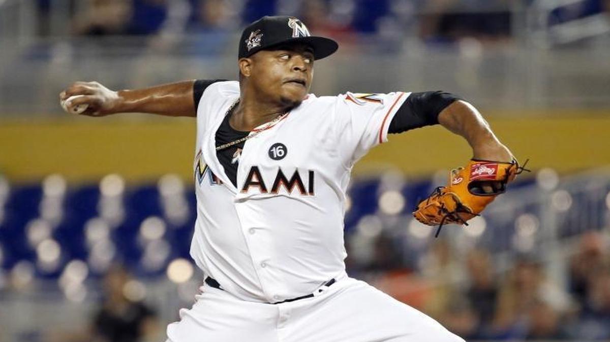 Miami Marlins starting pitcher Edinson Volquez (36) throws in the first inning as the Marlins host the Tampa Bay Rays at Marlins Park on Tues., May 2, 2017.