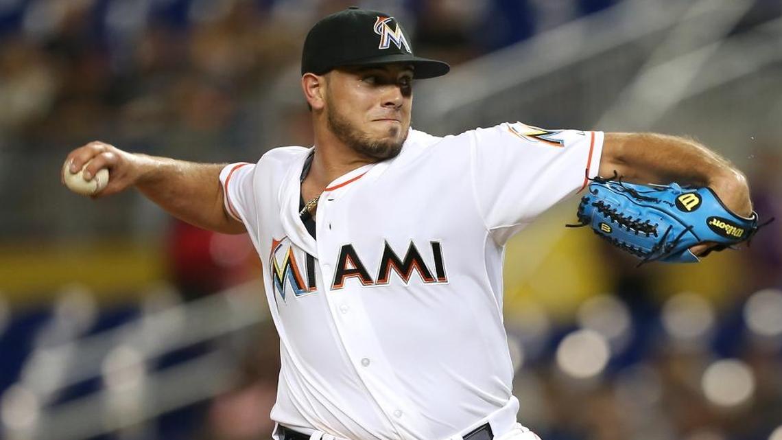 Jose Fernandez pitches in the second inning of the Miami Marlins’ game against the Atlanta Braves on Friday, September 25, 2015, at Marlins Park in Miami.