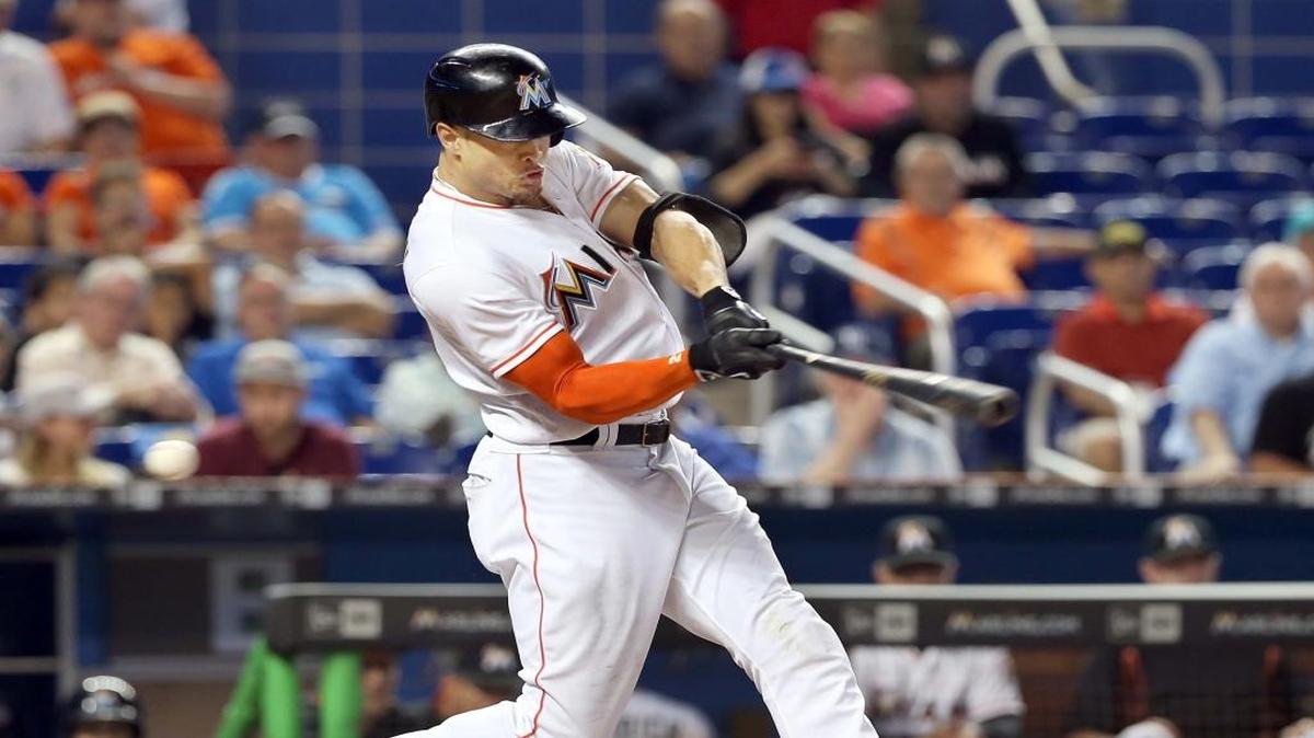 Giancarlo Stanton (RF), of the Miami Marlins takes his turn at bat in the seventh inning of the Miami Marlins vs Tampa Bay Rays, game at Marlins Park in Little Havana in Miami on Tuesday, May 24, 2016.