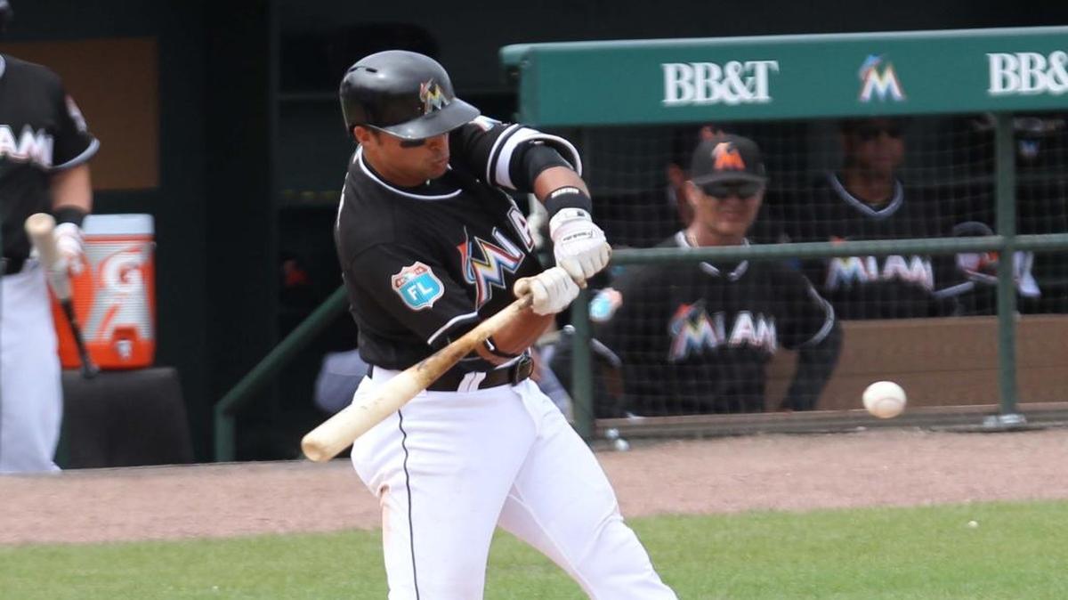 Martin Prado, of the Miami Marlins, batting in the fourth inning during a spring training game between the Miami Marlins vs New York Yankees at Roger Dean Stadium in Jupiter on Tuesday, March 8, 2016.