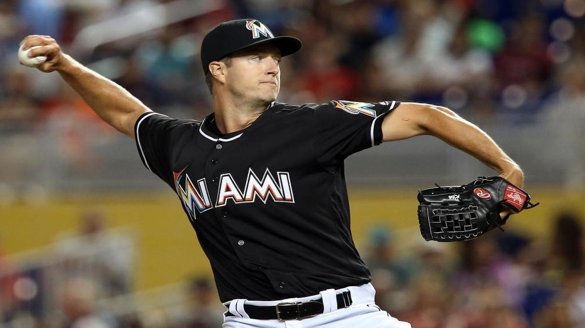 Miami Marlins pitcher Colin Rea throws in the first inning of the game against the St. Louis Cardinals Marlins Park in Little Havana in Miami on Saturday, July 30, 2016. Rea left the game with an elbow injury.