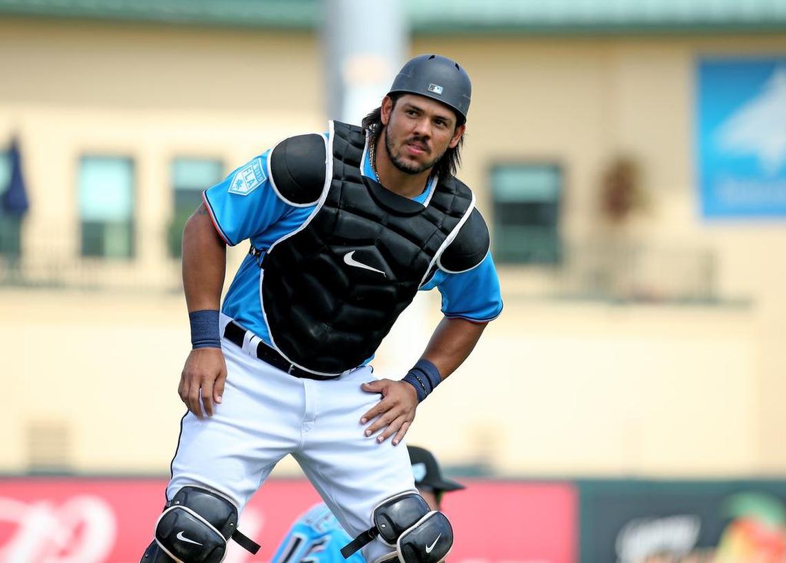 Miami Marlins catcher Jorge Alfaro (38) looks on before the start of a Major League Baseball spring training game against the New York Mets at the Roger Dean Chevrolet Stadium on Tuesday, March 5, 2019 in Jupiter, FL.