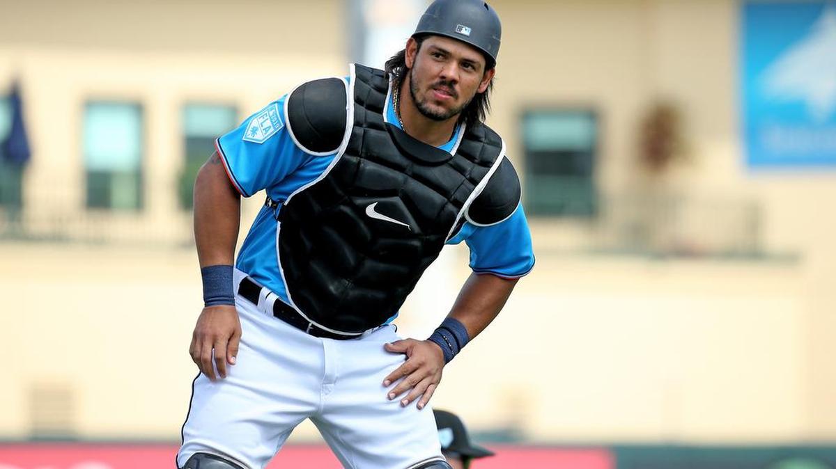 Miami Marlins catcher Jorge Alfaro (38) looks on before the start of a Major League Baseball spring training game against the New York Mets at the Roger Dean Chevrolet Stadium on Tuesday, March 5, 2019 in Jupiter, FL.