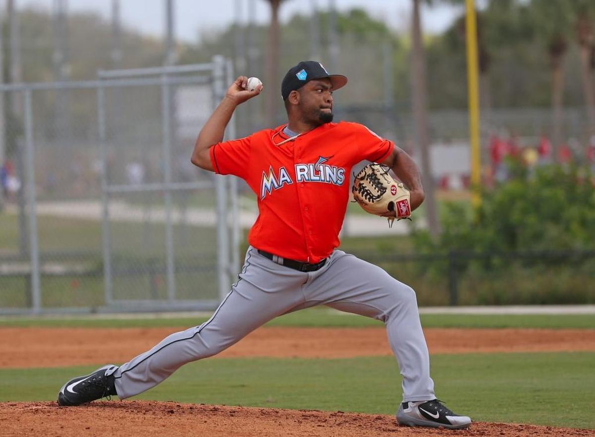 Miami Marlins pitcher Odrisamer Despaigne pitches during the spring training baseball workouts at Roger Dean Stadium on Tues., Feb. 20, 2018 in Jupiter, FL.