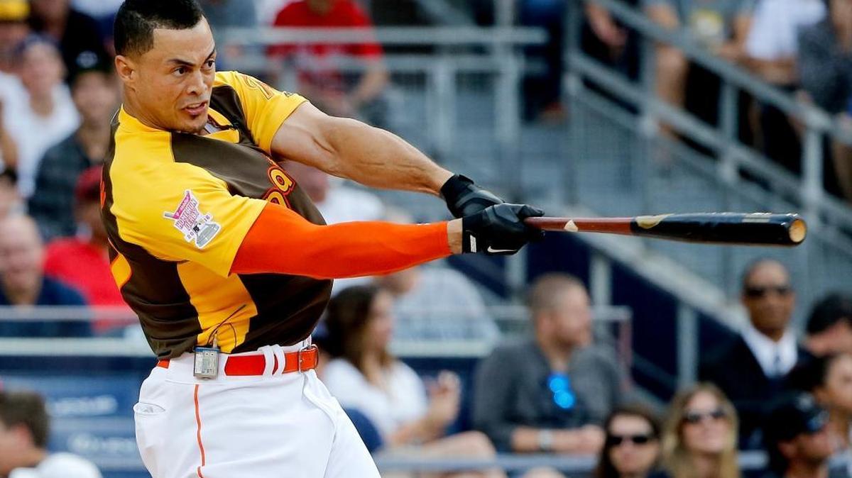 Giancarlo Stanton hits one of his record 61 home runs in the 2016 All-Star Home Run Derby in San Diego.