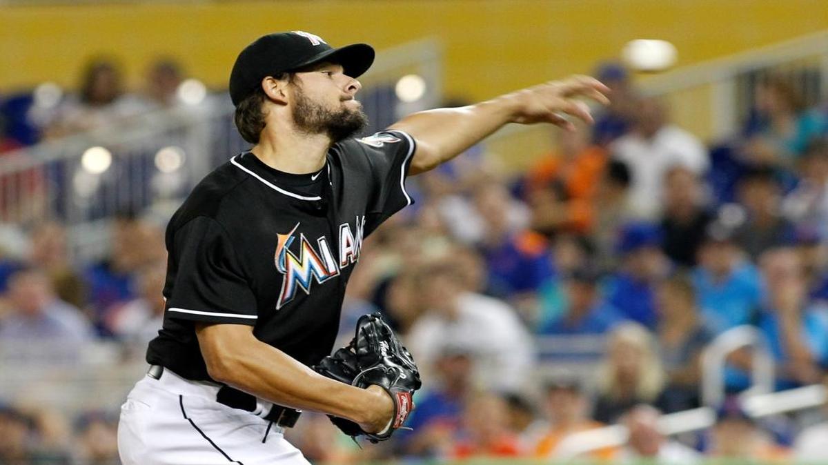
Miami Marlins starting pitcher Brad Hand throws against the New York Mets in the first inning during a baseball game in Miami, Saturday, Sept. 5, 2015.
