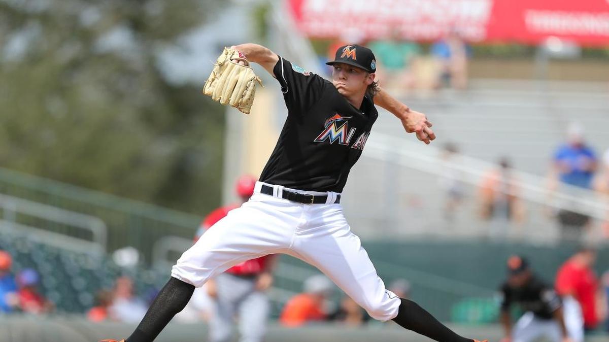 Miami Marlins pitcher Adam Conley throws during the second inning of Friday’s game against the Nations.