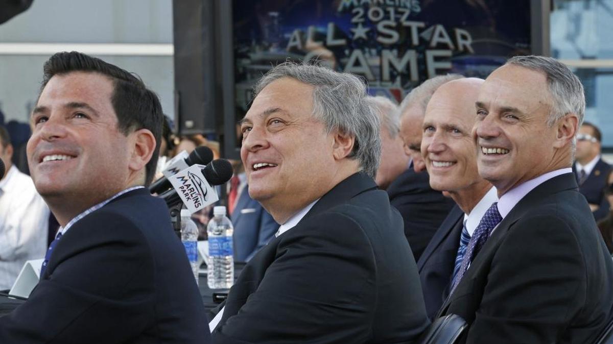 Miami’s David Samson and Jeffrey Loria are joined by Florida Governor Rick Scott and baseball commissioner Rob Manfred on February 13 when it was announced the Marlins will host All-Star week in 2017.
