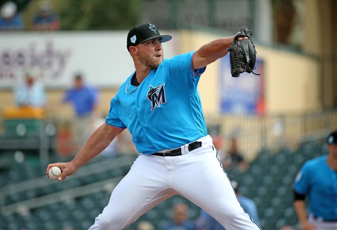 Miami Marlins pitcher Riley Ferrell (35) pitches during the fourth inning of a Major League Baseball spring training game against the New York Mets at the Roger Dean Chevrolet Stadium on Tuesday, March 5, 2019 in Jupiter, FL.