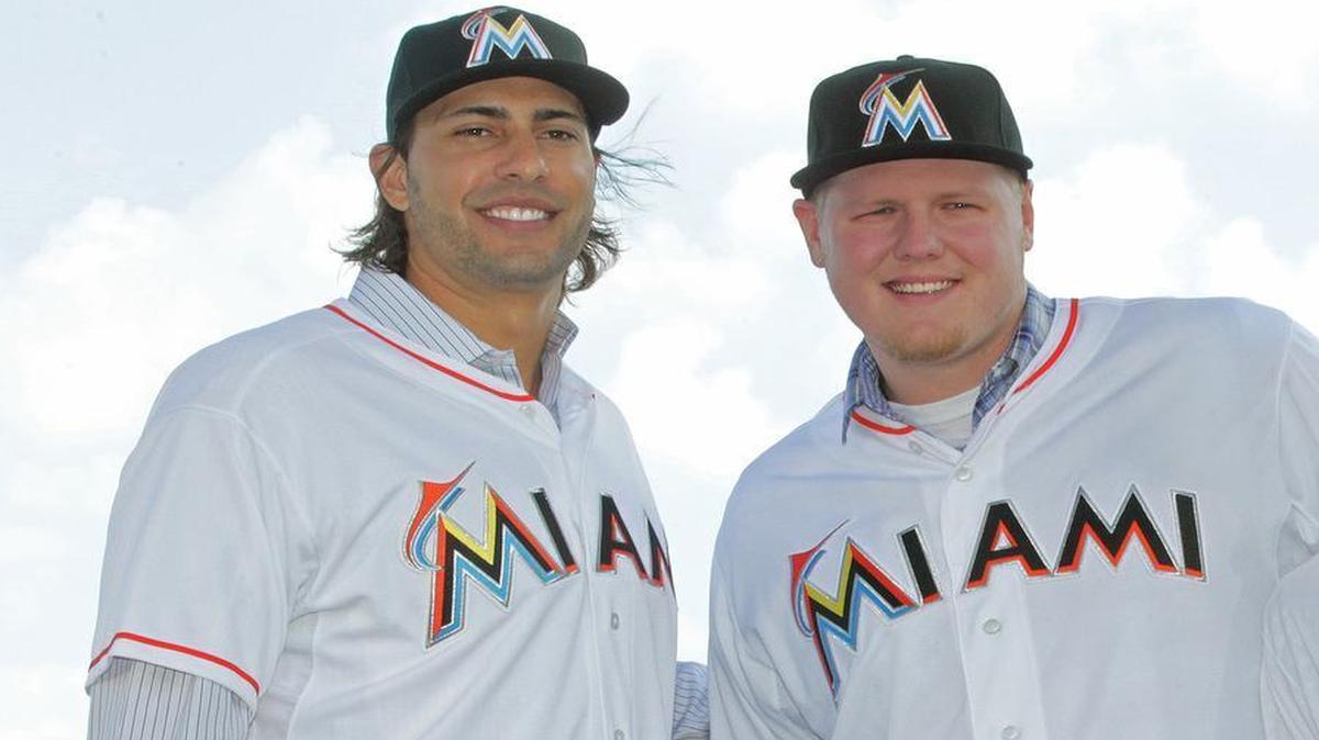
Michael Morse and Mat Latos are introduced by the Miami Marlins at Marlins Park on Friday, Dec. 19, 2014. Now the two are likely headed to the Dodgers.
