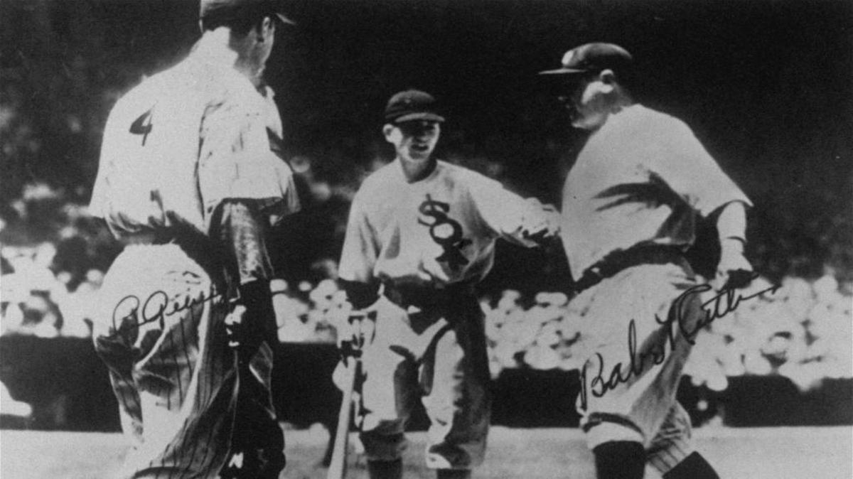 Babe Ruth crosses home plate following a two run home run off National League starting pitcher Bill Hallahan in the third inning of the first All-Star Game ever played, July 6, 1933. Greeting Ruth at home plate are, from left: Yankee teammate, Lou Gehrig and White Sox bat boy, John McBride. Barely visible behind Gehrig is National League catcher Jimmie Wilson. The American League won 4-2.