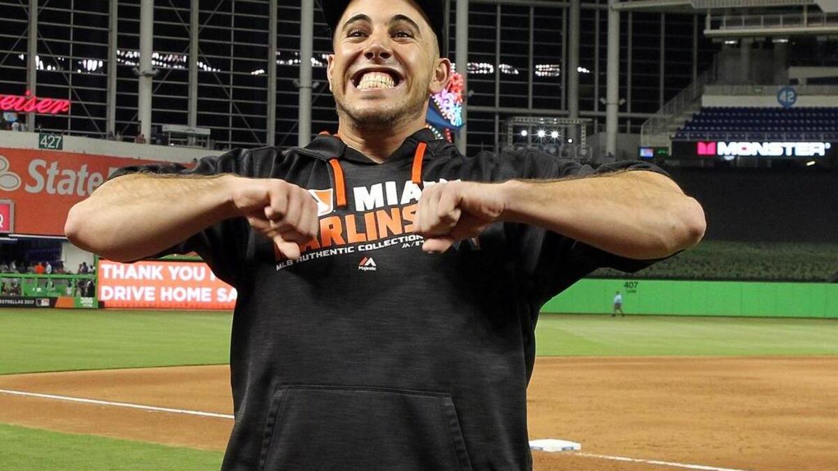 Marlins' pitcher Jose Fernandez gestures to the stands as he celebrateS their 4-1 victory against Los Angeles at Marlins Park on Sept. 09, 2016.
