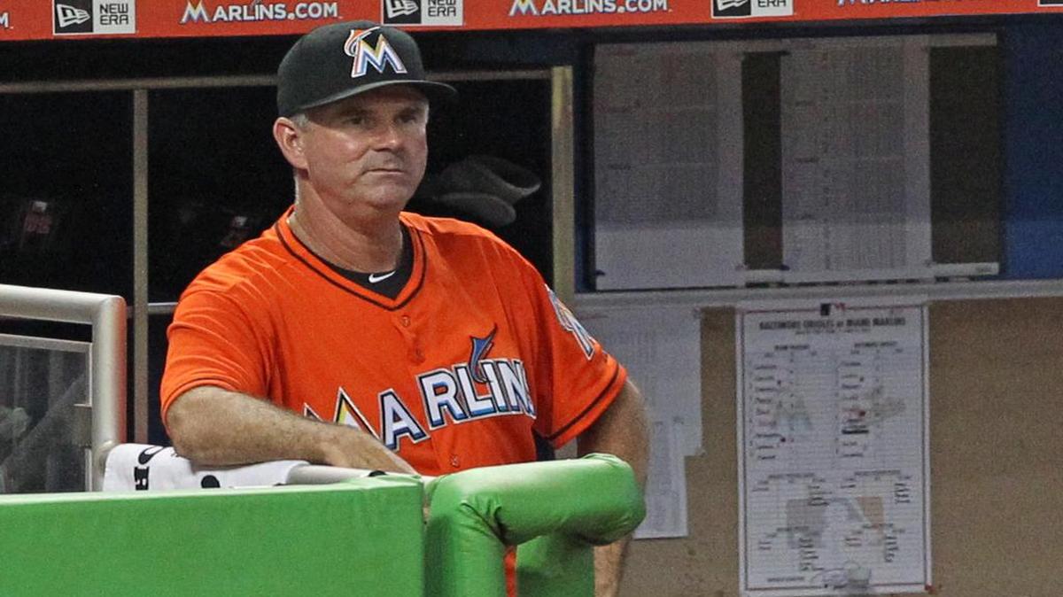 
Manager Dan Jennings reacts during the Miami Marlins' game against the Baltimore Orioles at Marlins Park on Sunday, May 24, 2015.
