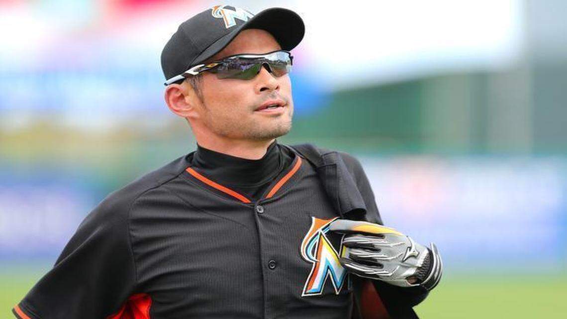 
Miami Marlins outfielder Ichiro Suzuki is shown before a spring training game against the St. Louis Cardinals at Roger Dean Stadium in Jupiter on Thursday, March 5, 2015.
