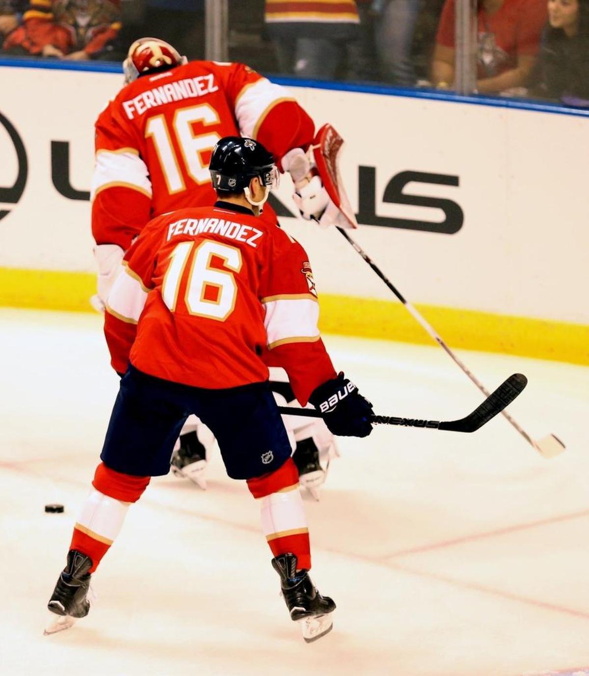 Florida Panthers players wear the number and name of late Miami Marlins pitcher Jose Fernndez on their sweaters as they warm up for their season opener on October 13, 2016 at BB&T Center.