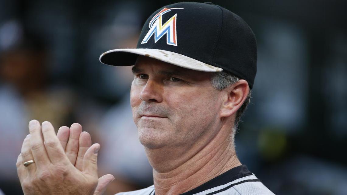 
Miami Marlins manager Dan Jennings stands in the dugout before a baseball game against the Pittsburgh Pirates in Pittsburgh, Monday, May 25, 2015.
