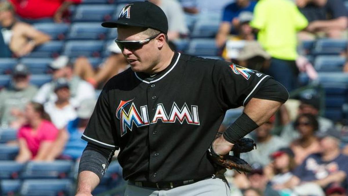 Miami Marlins first baseman Justin Bour walks to the dugout during an injury delay for him in the fifth inning of a baseball game against the Atlanta Braves, Sat., July 2, 2016, in Atlanta. Bour went on the disabled list four days later.