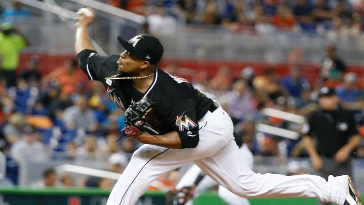 Miami Marlins' Edinson Volquez delivers a pitch during the fourth inning of a baseball game against the Arizona Diamondbacks, Saturday, June 3, 2017, in Miami. The Marlins defeated the Diamondbacks 3-0 in a no-hitter.