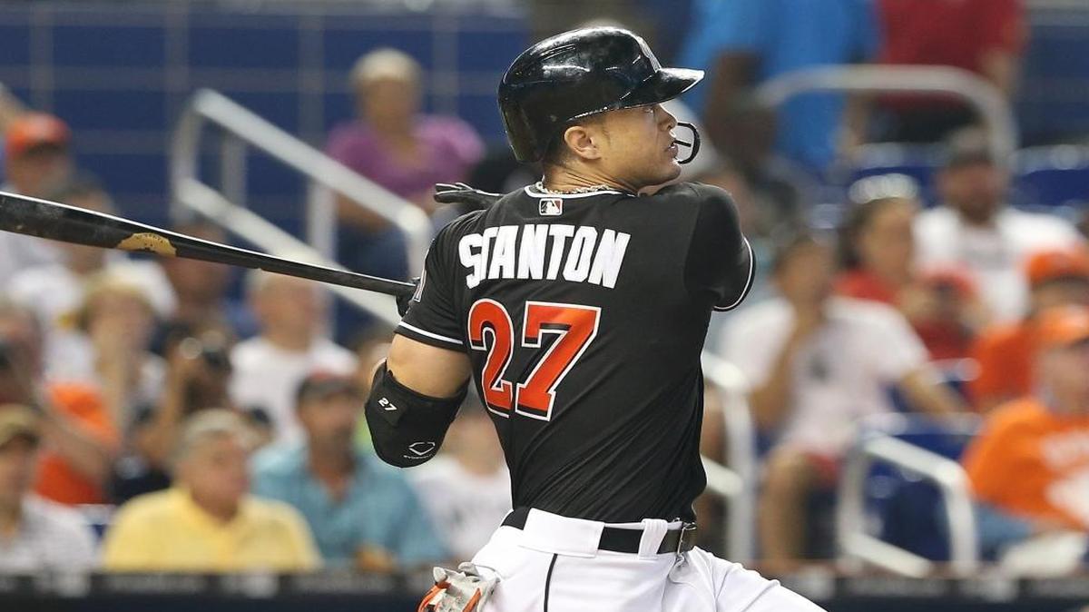 Miami Marlins' right fielder Giancarlo Stanton hits a two-runs home run in the first inning of the Miami Marlins and Philadelphia Phillies game at Marlins Park in Little Havana in Miami on Wed., July 27, 2016.