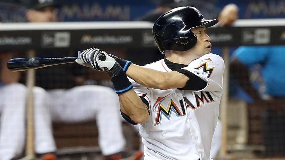 Marlins' center field Ichiro Suzuki hits a single in the third inning of the Miami Marlins and Pittsburgh Pirates game at Marlins Park in Little Havana in Miami on Thurs., June 2, 2016.