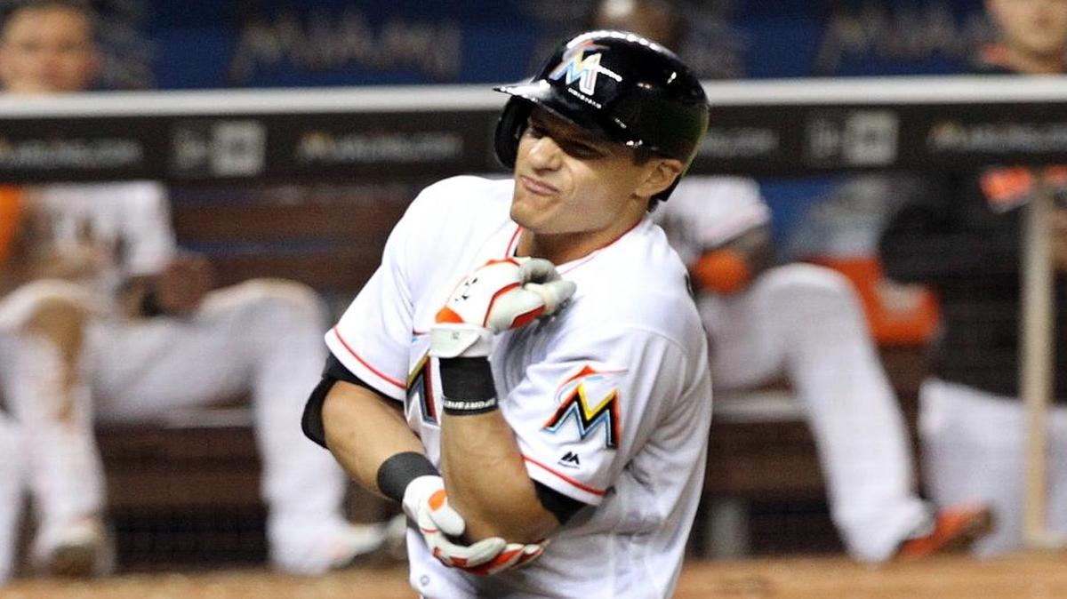 Derek Dietrich, reacts after getting hit by a pitch, in the sixth inning of the Miami Marlins vs Arizona Diamondbacks, game at the Marlins Park in Little Havana in Miami on Tues., May 03, 2016.