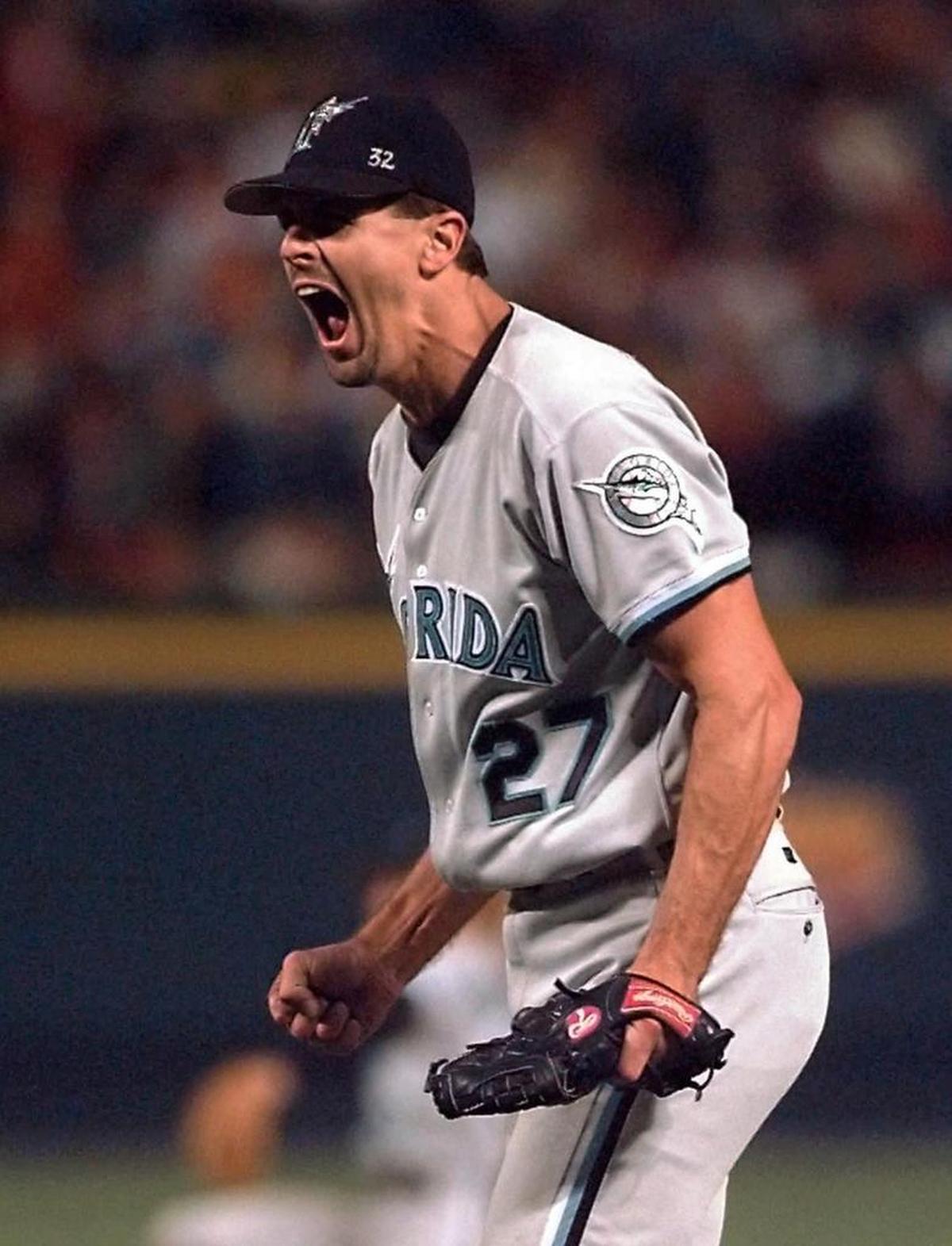 Florida pitcher Kevin Brown reacts after going the distance on Oct. 14, 1997 to beat the host Atlanta Braves in Game 6 of the National League Championship Series sending the Marlins to the World Series.