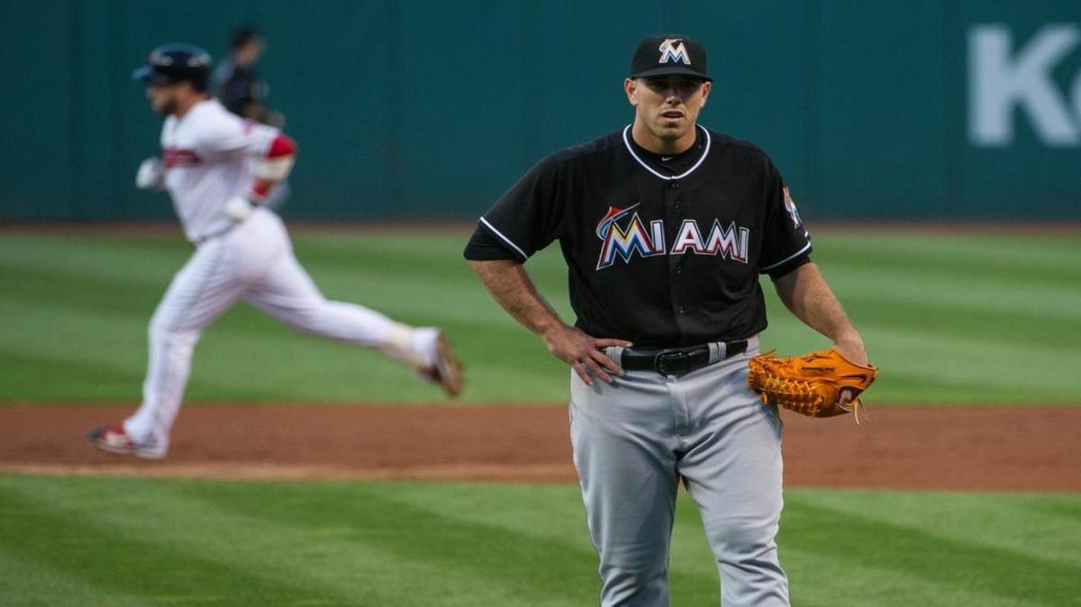 Miami Marlins starting pitcher Jose Fernandez reacts after giving up a two-run home run to Cleveland Indians' Jason Kipnis during the first inning of a baseball game in Cleveland, Sat., Sept. 3, 2016.