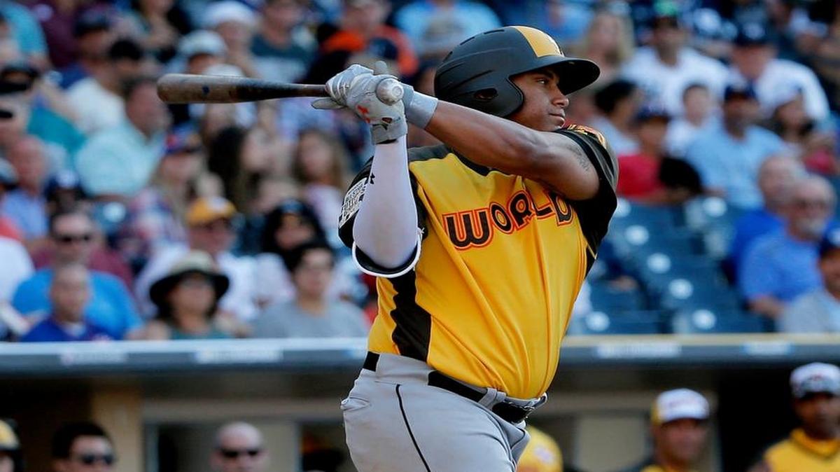 World Team's Josh Naylor, of the Miami Marlins, hits against the U.S. Team during the sixth inning of the All-Star Futures baseball game, Sunday, July 10, 2016, in San Diego.