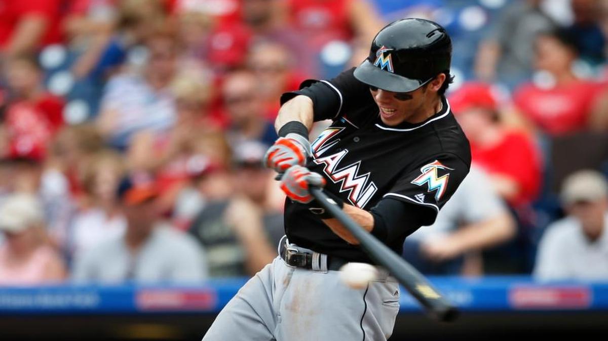 Miami Marlins' Christian Yelich (21) hits a two run home run in the eighth inning against the Philadelphia Phillies, Sunday, Sept. 18, 2016, in Philadelphia. The Marlins won 5-4.