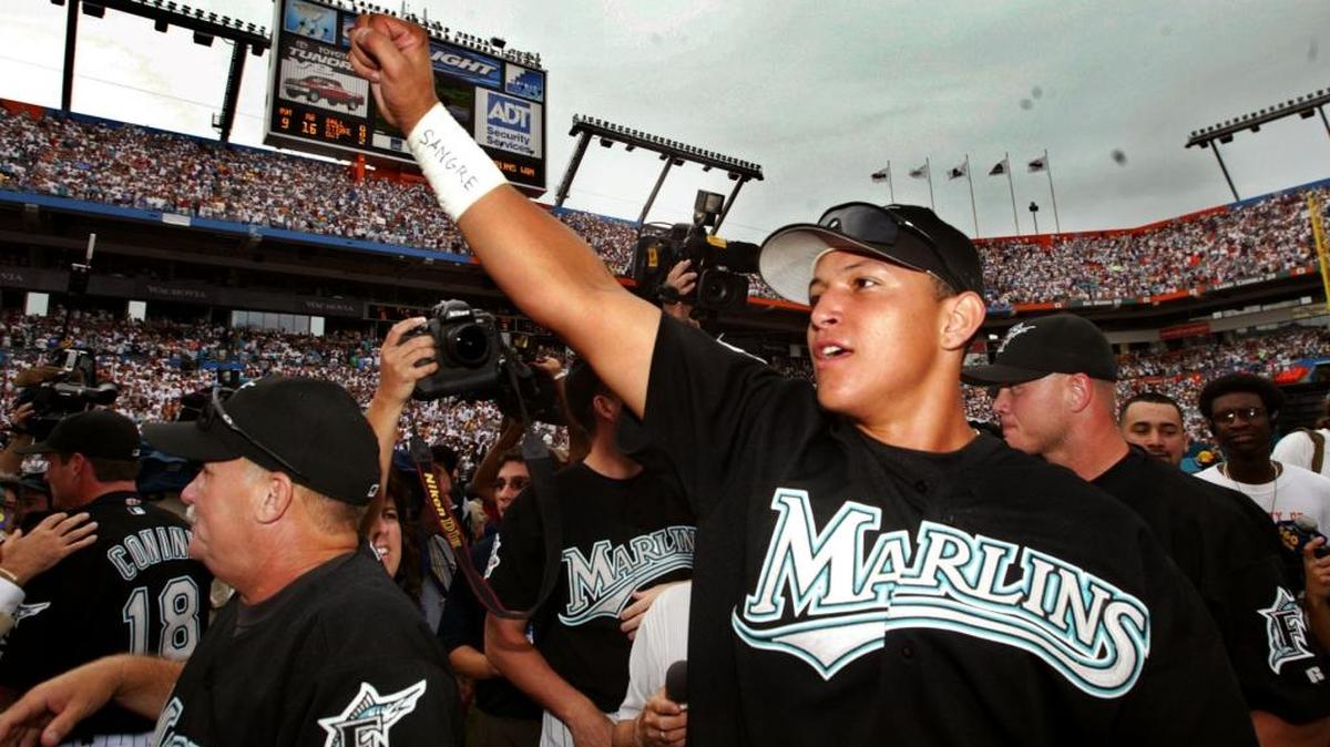 Miguel Cabrera celebrates after the Marlins beat San Francisco in the National League Divisional Series at Pro Player Stadium on Oct. 4, 2003.