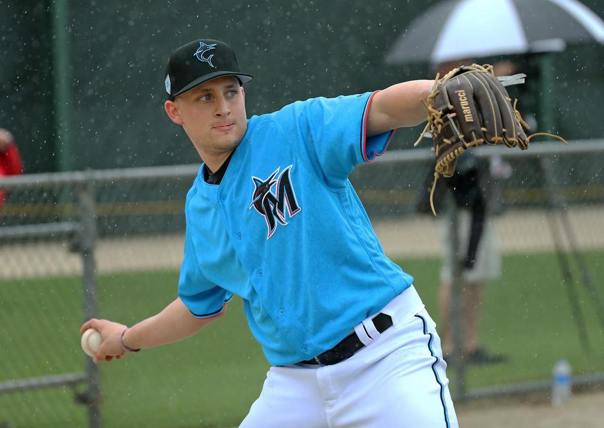 Miami Marlins pitcher Nick Neidert throws during the spring training baseball workouts for pitchers and catchers at Roger Dean Stadium on Wednesday, February 13, 2019 in Jupiter, FL.