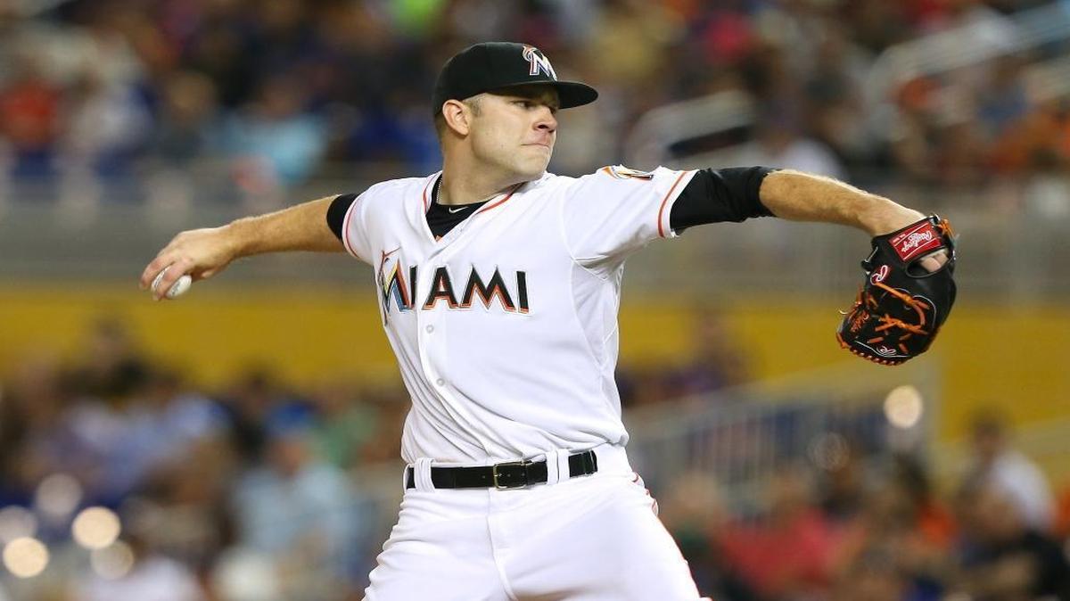 David Phelps, pitcher for the Miami Marlins, throws in the fourth inning of a baseball game against the New York Mets on Wednesday, August 5, 2015, at Marlins Park in Miami.