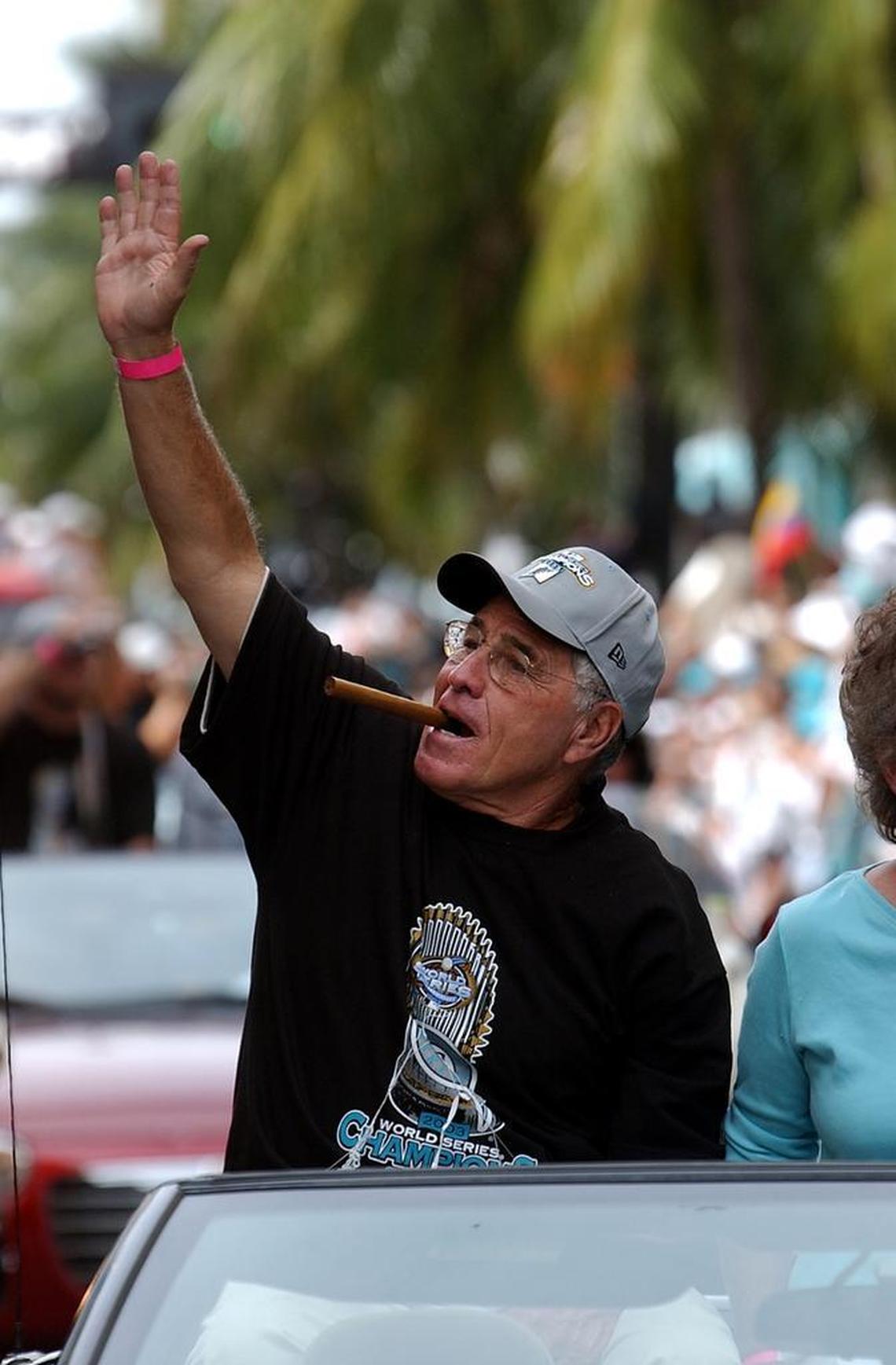 Florida Marlins manager Jack McKeon enjoys the 2003 World Series parade in downtown Miami.