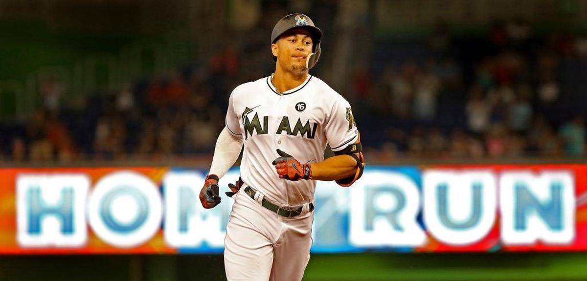 Miami Marlins' Giancarlo Stanton runs the bases after hitting his first inning home run against the Los Angeles Angels on Sunday, May 28, 2017.