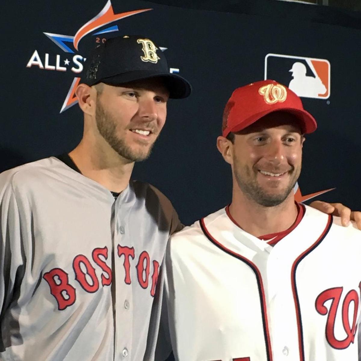 American League pitcher Chris Sale of the Boston Red Sox poses with NL starter Max Scherzer of the Washington Nationals on Monday at Marlins Park.