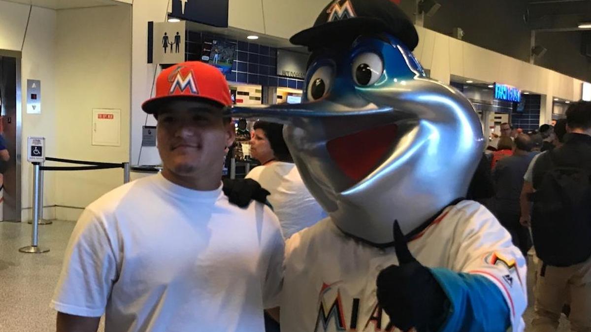 Billy the Marlin poses with Christian Rodriguez of Boynton Beach at All-Star Sunday at Marlins Park.