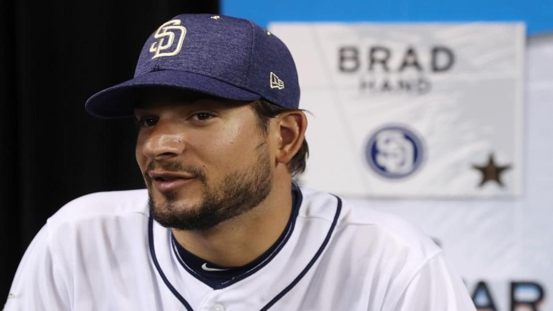 Brad Hand of the San Diego Padres and the National League speaks with the media during Gatorade All-Star Workout Day ahead of the 88th MLB All-Star Game at Marlins Park on July 10, 2017 in Miami, Florida.