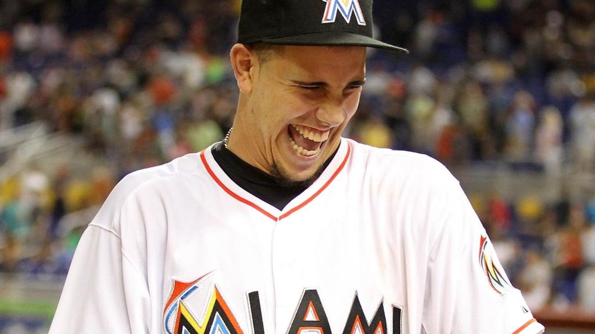 Pitcher Jose Fernandez gets a thrill after the Miami Marlins defeated the Cleveland Indians, 10-0, at the Marlins Park in Little Havana in Miami on Friday, August 02, 2013. Fernandez had 14 strikeouts in eight innings.