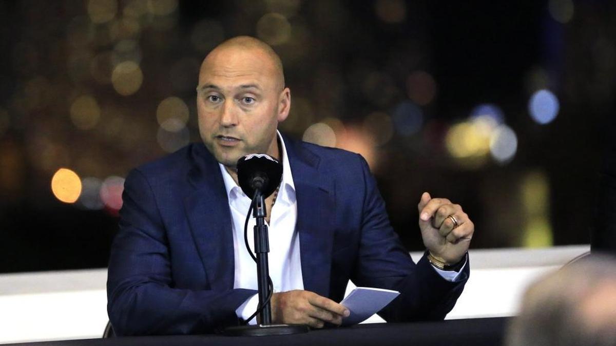 Miami Marlins co-owner Derek Jeter speaks during a town hall meeting at Marlins Park in Sunrise on Dec. 19, 2017.