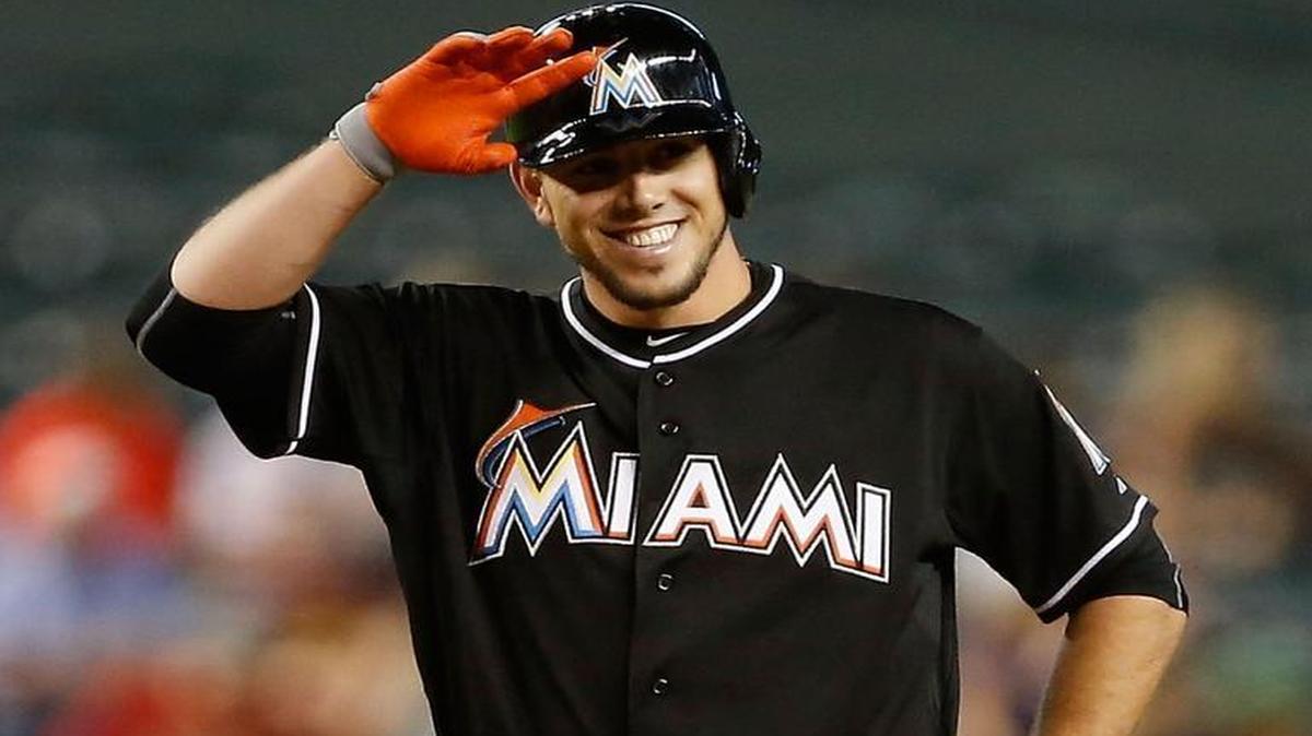 
Jose Fernandez of the Miami Marlins reacts at second base after hitting an RBI double against the Arizona Diamondbacks during the second inning at Chase Field on July 22, 2015 in Phoenix, Arizona. 
